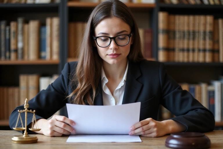 Mujer leyendo un documento legal con concentración.