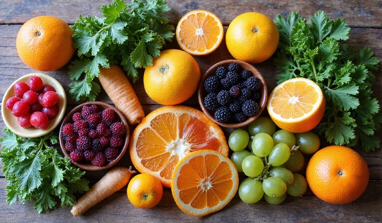 Variedad de frutas y verduras vibrantes dispuestas artísticamente