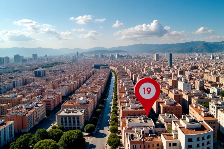 Vista aérea de Barcelona con un marcador de ubicación destacando la zona de Carrer de la Marina.