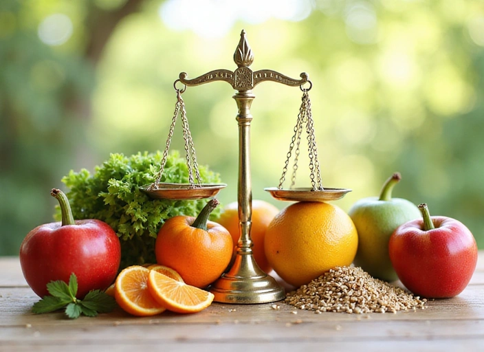 Imagen simbólica de equilibrio y salud con alimentos frescos y una balanza